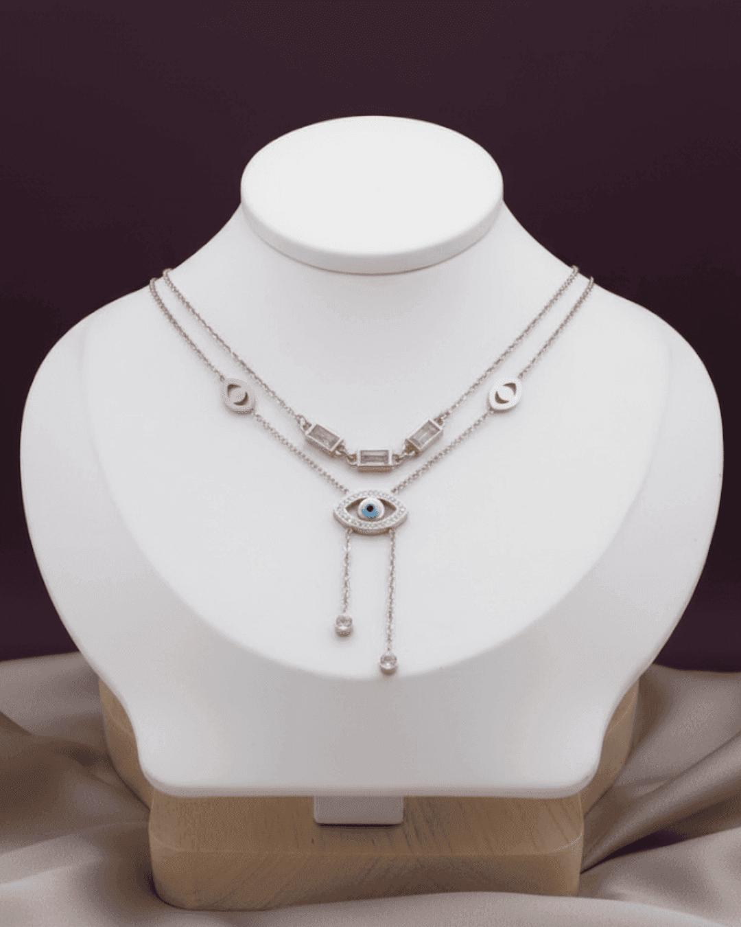 Rose Gold Layered Evil Eye Lariat Necklace with Baguette Crystals - view 1